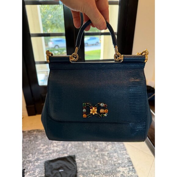 Dolce & Gabbana Blue Iguana Embossed Leather Crystal DG Logo Medium Miss Sicily - Picture 7 of 8
